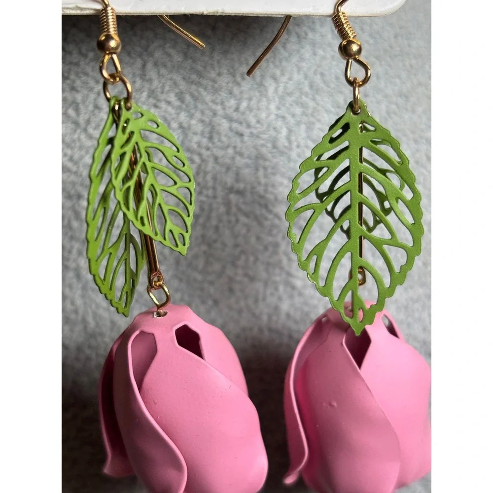 #1. Metal Pink Rose Dangling Earrings